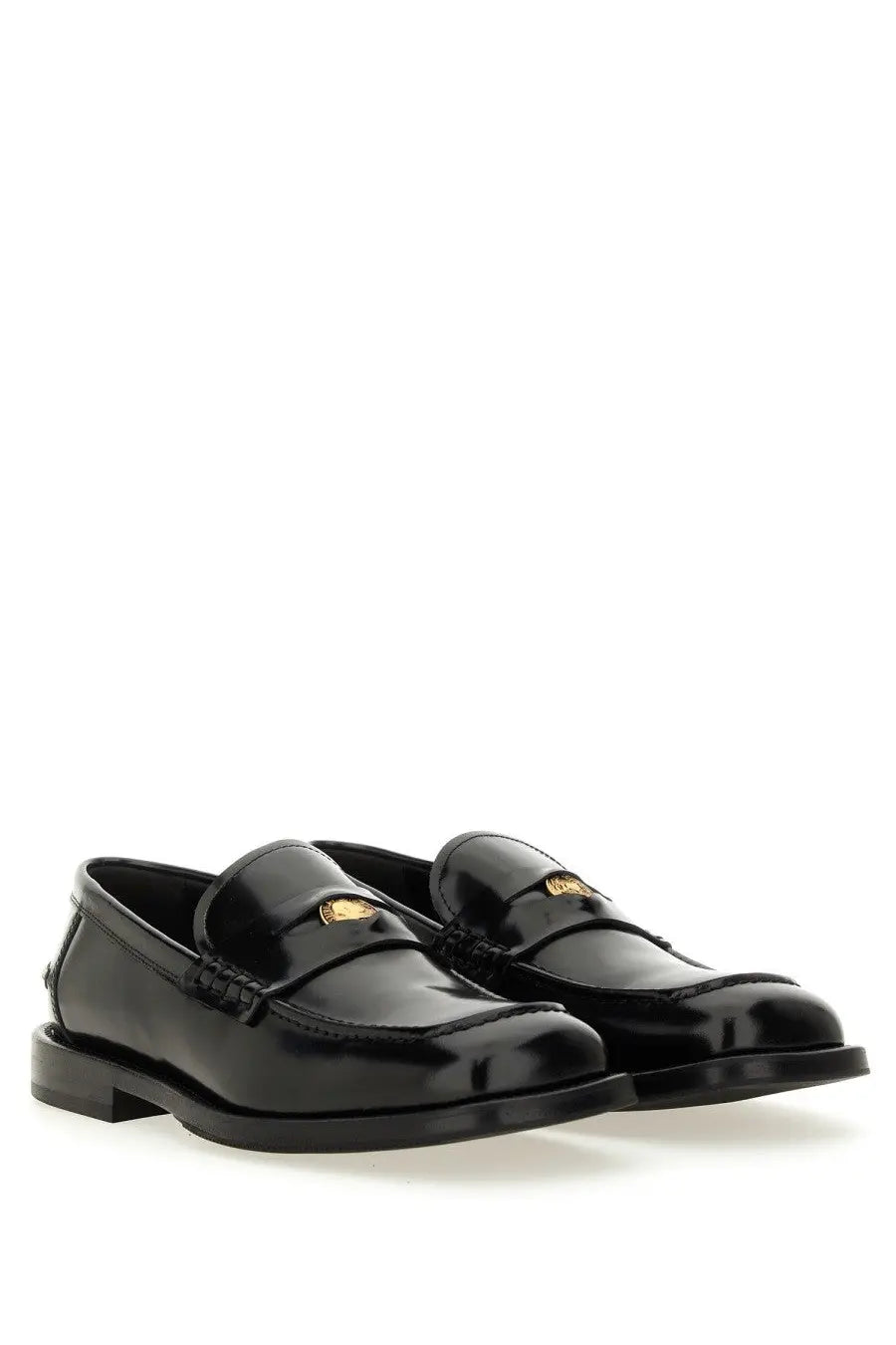 Moschino men’s moccasin Berlin black black patent leather loafers with gold-tone Medusa head logo on top