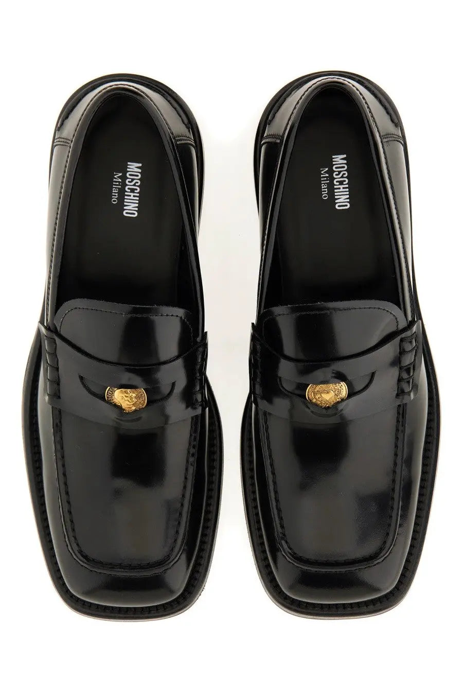 Moschino men’s moccasin berlin black patent leather loafers with gold-tone medusa head buckles and square toe