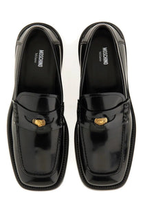 Moschino men’s moccasin berlin black patent leather loafers with gold-tone medusa head buckles and square toe