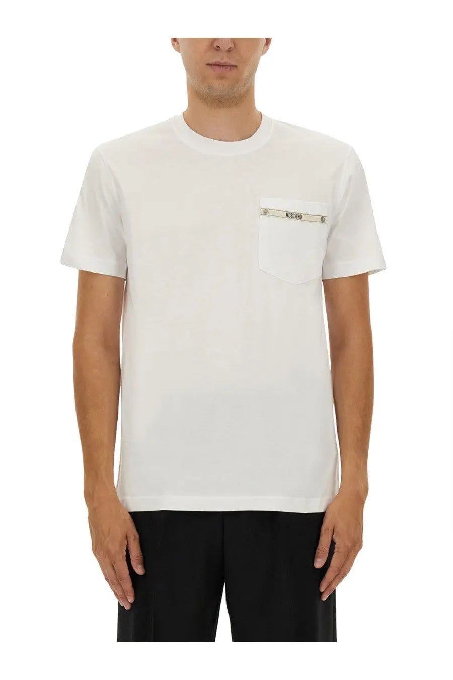 Moschino men’s white cotton t-shirt with chest pocket featuring a silver toned logo band