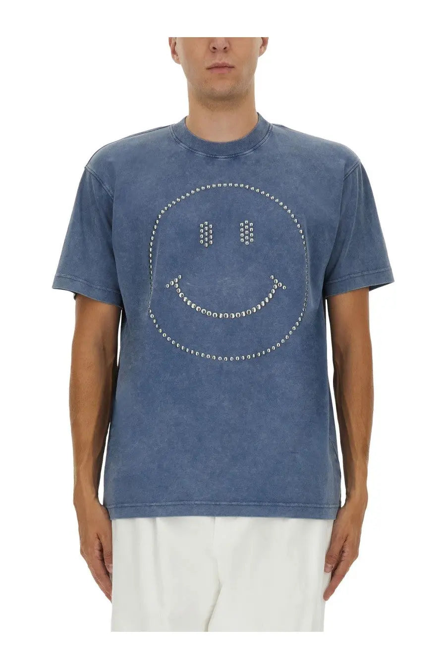 Moschino men’s blue heavy cotton t-shirt with a smiley face design outlined in silver studs resembling denim
