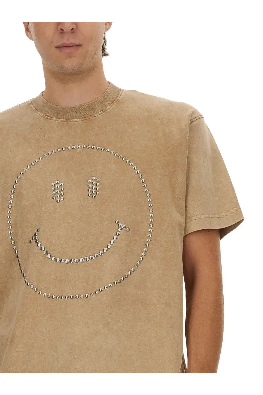 Beige distressed cotton Moschino men smiley heavy cotton shirt brown with silver studs smiling face design