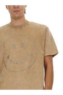 Beige distressed cotton Moschino men smiley heavy cotton shirt brown with silver studs smiling face design