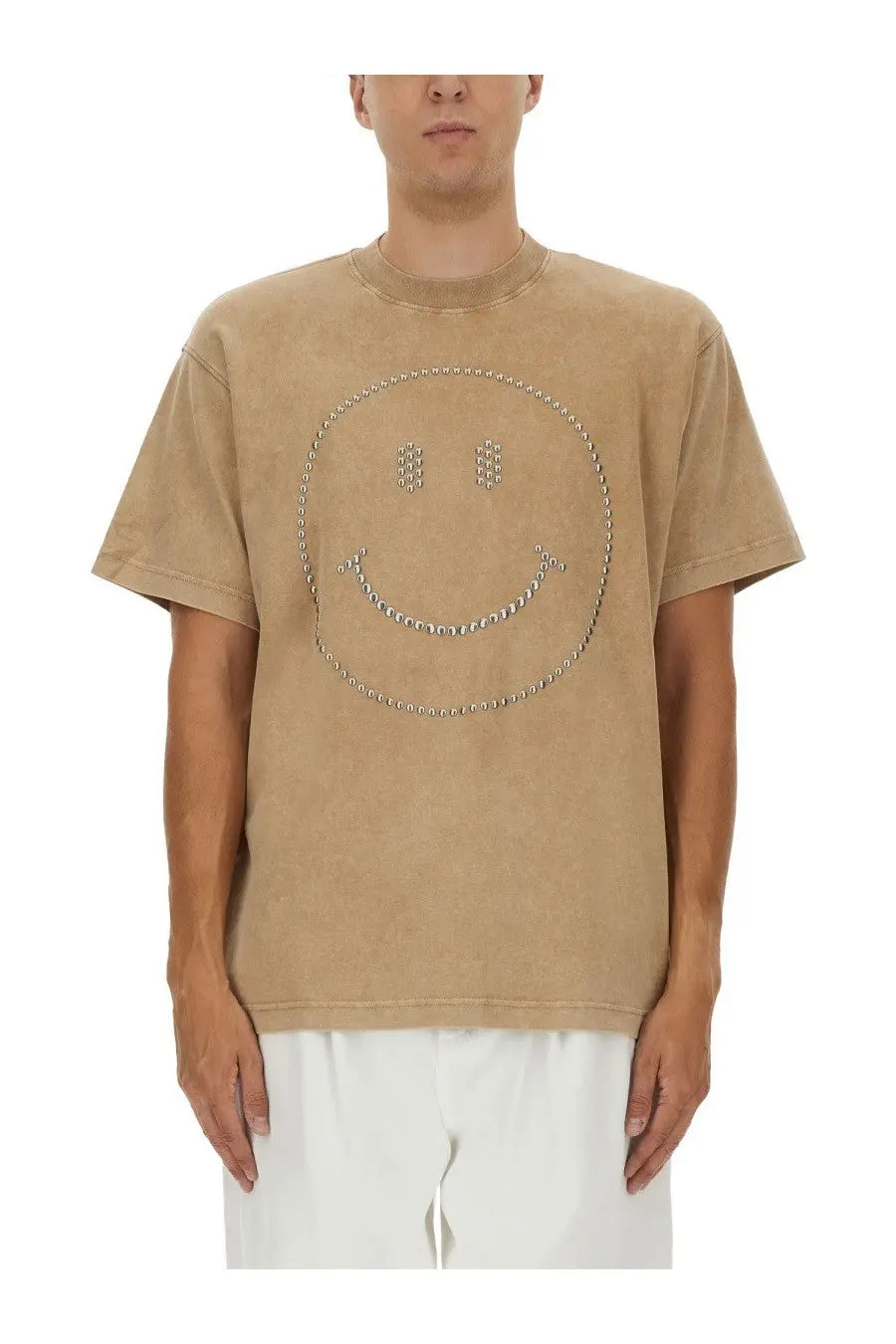 Beige suede textured moschino men’s heavy cotton t shirt with silver stud outline smiling face design brown color
