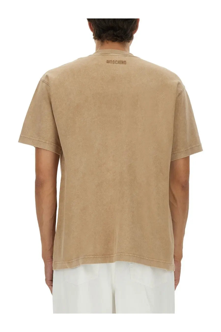 Beige Moschino men’s smiley heavy cotton t-shirt with subtle faded logo at the neckline in brown shade
