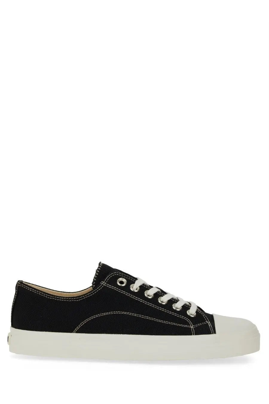 Moschino men’s sneaker edge black low-top canvas sneaker with white laces and off-white rubber toe cap and sole