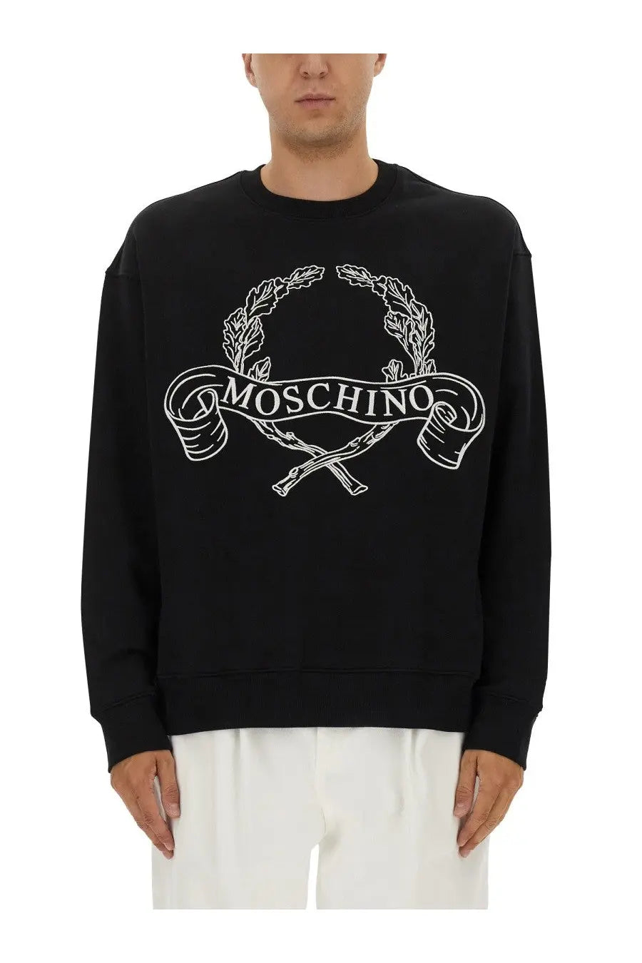 Moschino men’s black sweatshirt with bold white embroidered logo featuring laurel wreaths and crossed rifles