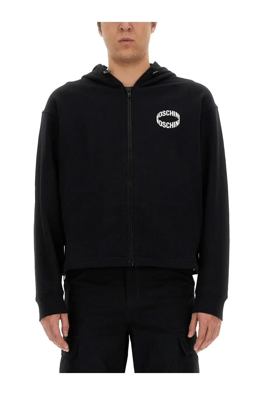 Moschino men’s black zip-up hoodie with white circular logo on chest made from soft cotton blend material