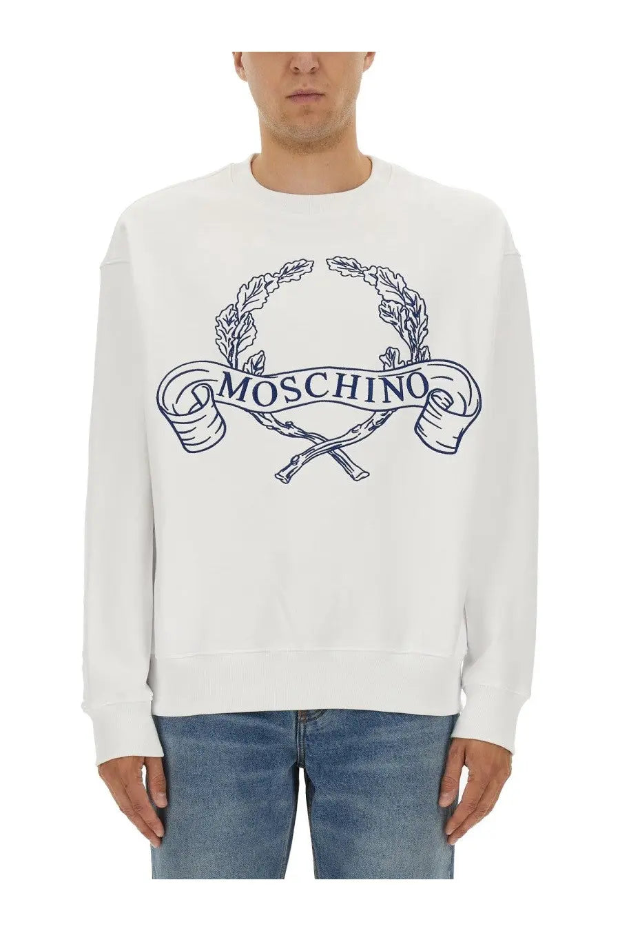 Moschino men’s white sweatshirt with navy blue embroidered logo featuring laurel wreaths and crossed rifles