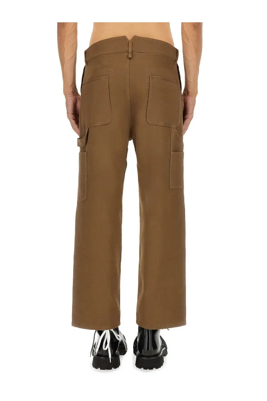 Moschino men’s brown tricot cargo pants with multiple pockets and straight-leg cut in tan color