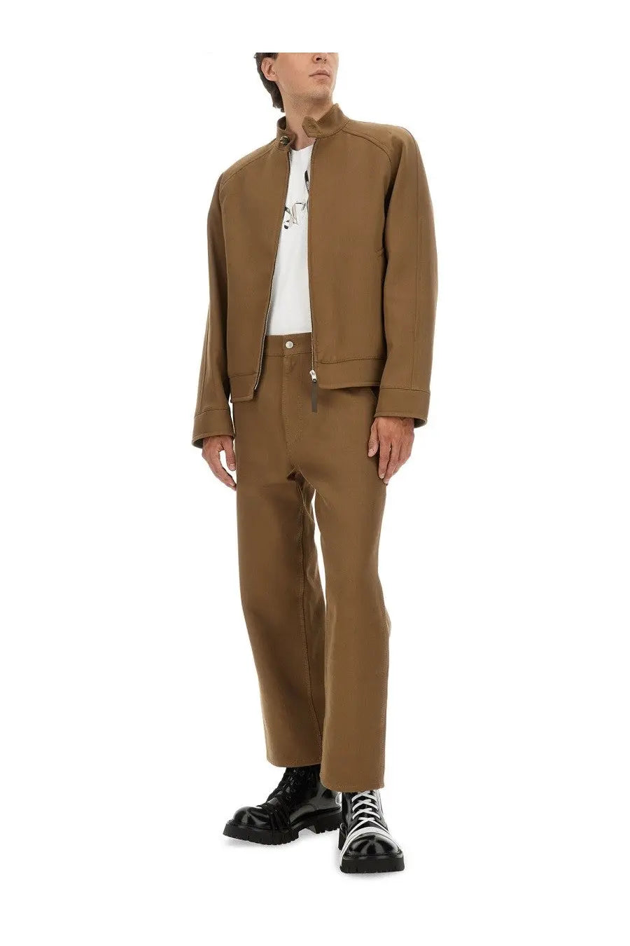 Brown wool-blend bomber jacket with stand-up collar and front zipper paired with moschino men’s tricot pants brown