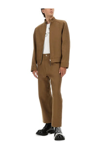 Brown wool-blend bomber jacket with stand-up collar and front zipper paired with moschino men’s tricot pants brown