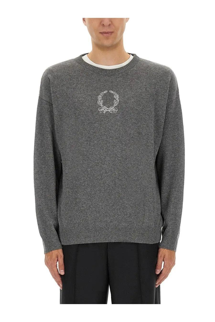 Moschino men’s grey wool and cashmere pullover with gray textured knit and white embroidered laurel wreath logo on chest