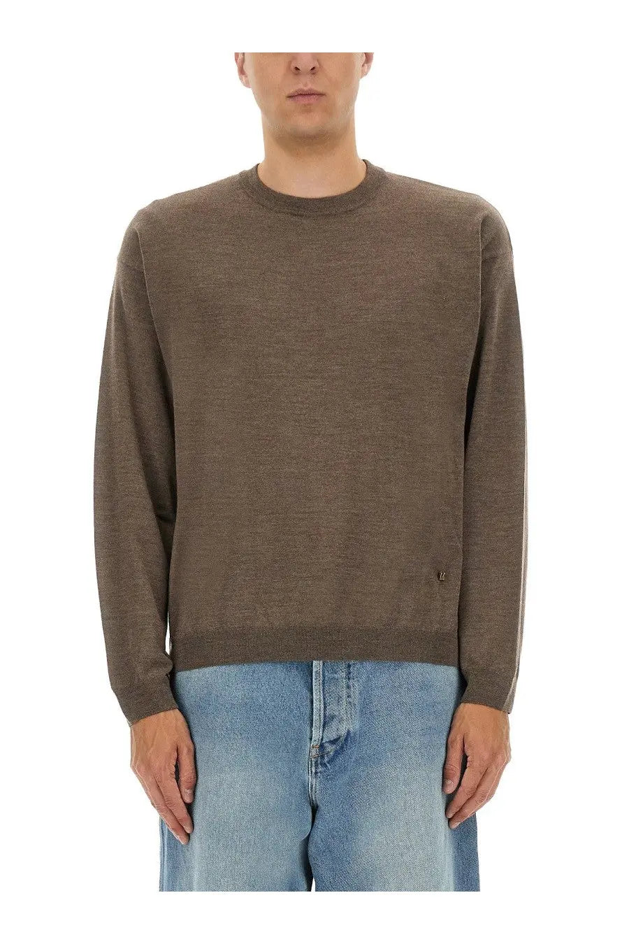 Moschino men’s wool and silk pullover brown crewneck sweater with soft heathered texture and ribbed cuffs