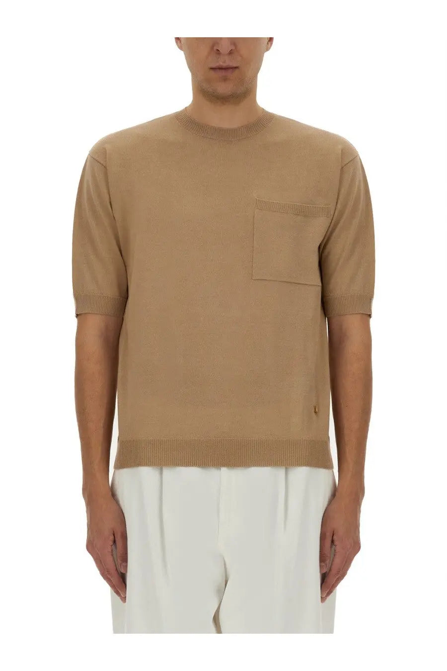 Moschino men’s beige wool and silk short-sleeved knit sweater with ribbed cuffs hem and single chest pocket