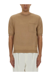 Moschino men’s beige wool and silk short-sleeved knit sweater with ribbed cuffs hem and single chest pocket