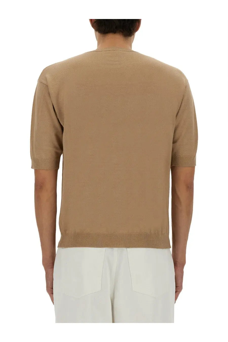 Beige Moschino men’s wool and silk short-sleeved knit sweater with ribbed cuffs and hem