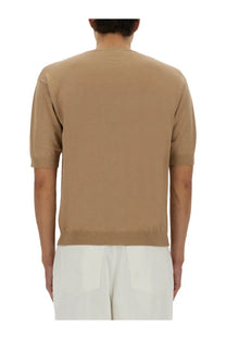 Beige Moschino men’s wool and silk short-sleeved knit sweater with ribbed cuffs and hem