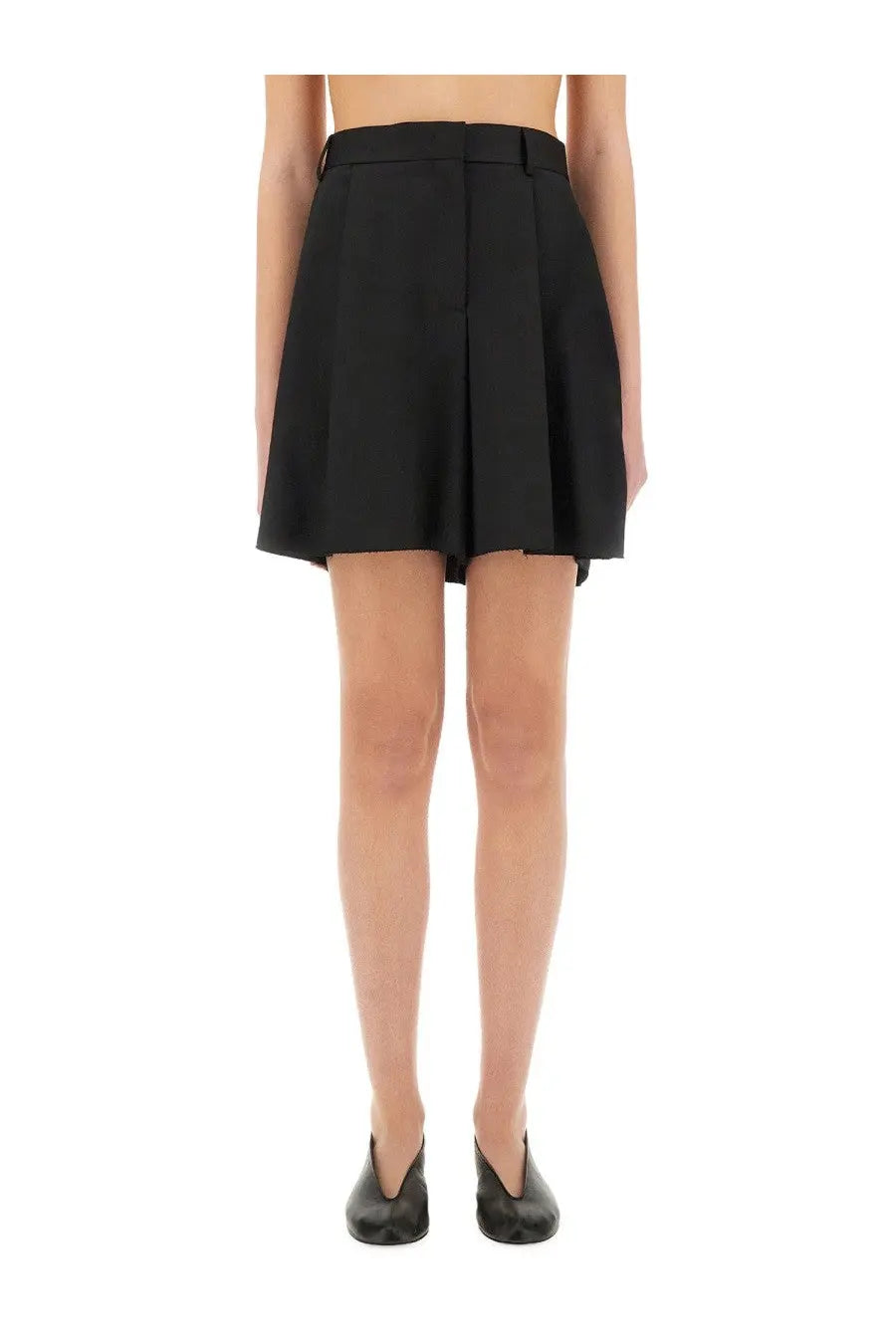 Black pleated mini skirt with structured waistband and tailored lines from moschino womens asymmetrical wool shorts black