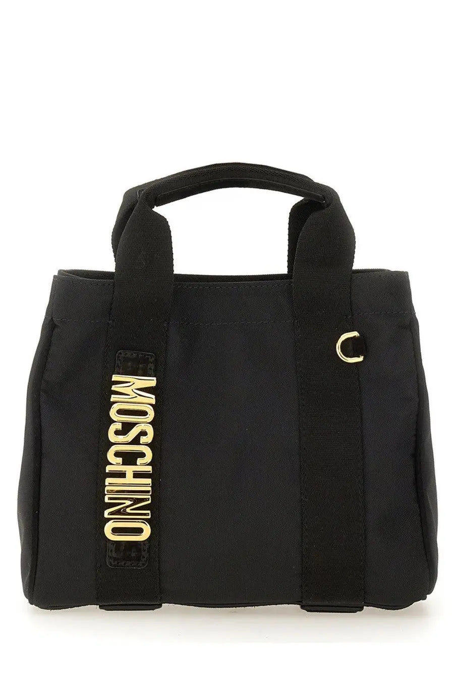 Black Moschino women’s tote bag with gold-tone lettering and metallic d-ring accent for stylish everyday use