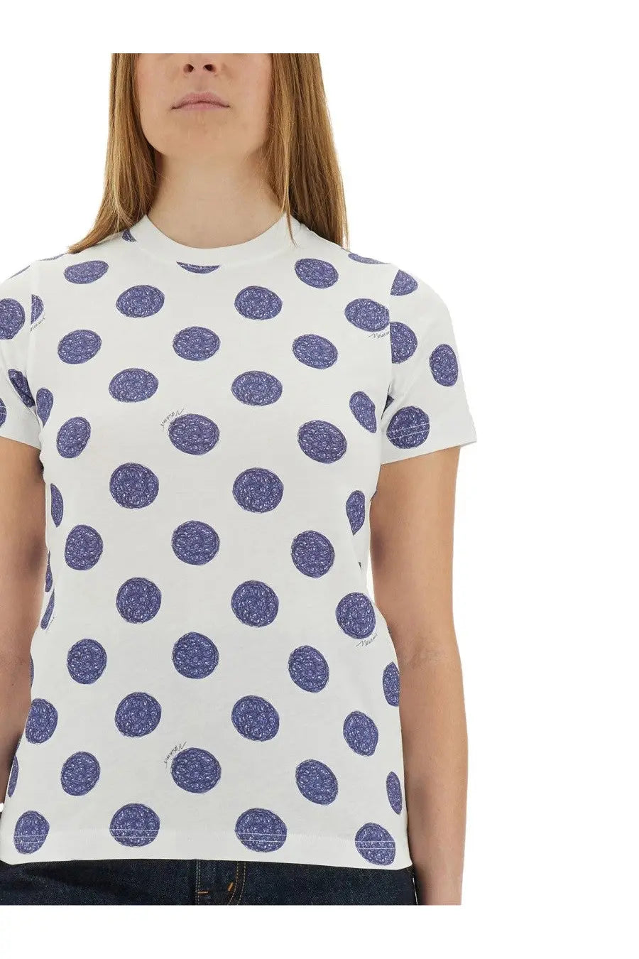 Moschino women’s white short-sleeved t-shirt with textured purple polka dot pattern made from soft fabric