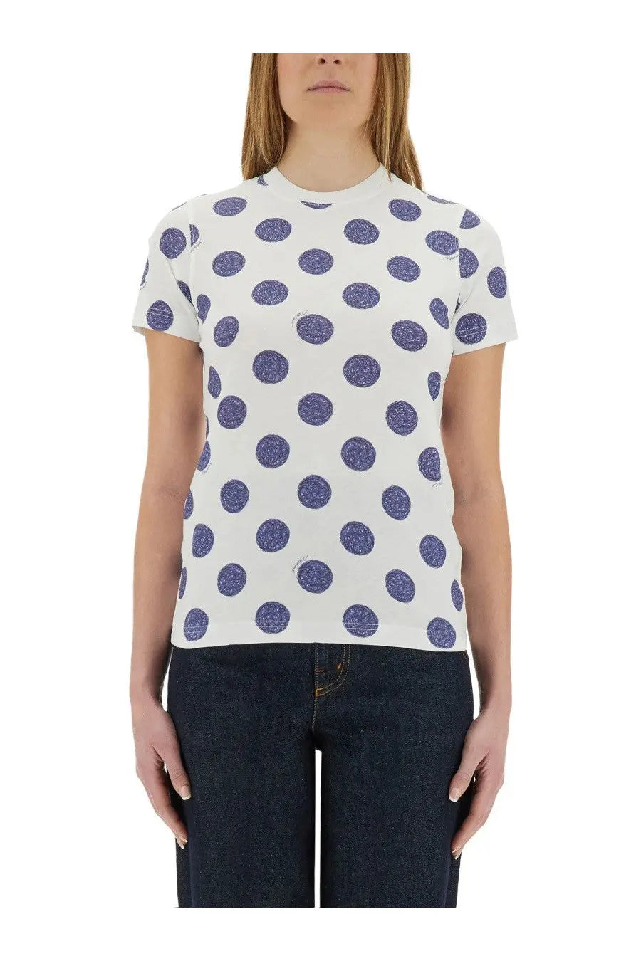 Moschino women’s white short-sleeved t-shirt with purple glitter polka dots perfect for casual wear