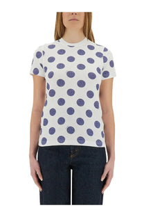 Moschino women’s white short-sleeved t-shirt with purple glitter polka dots perfect for casual wear
