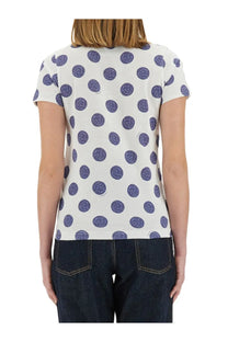 Moschino women’s white short-sleeved t-shirt with purple glitter polka dots and ballpoint pen design