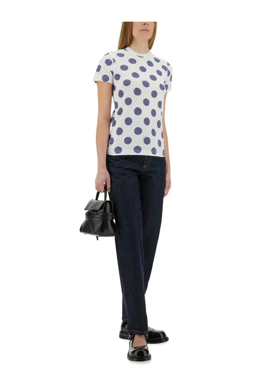 Moschino women’s white short-sleeved cotton t-shirt with purple polka dots ballpoint pen print design
