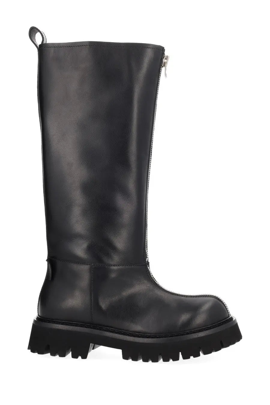 Moschino women’s black leather knee-high boot with chunky textured sole and silver side zipper