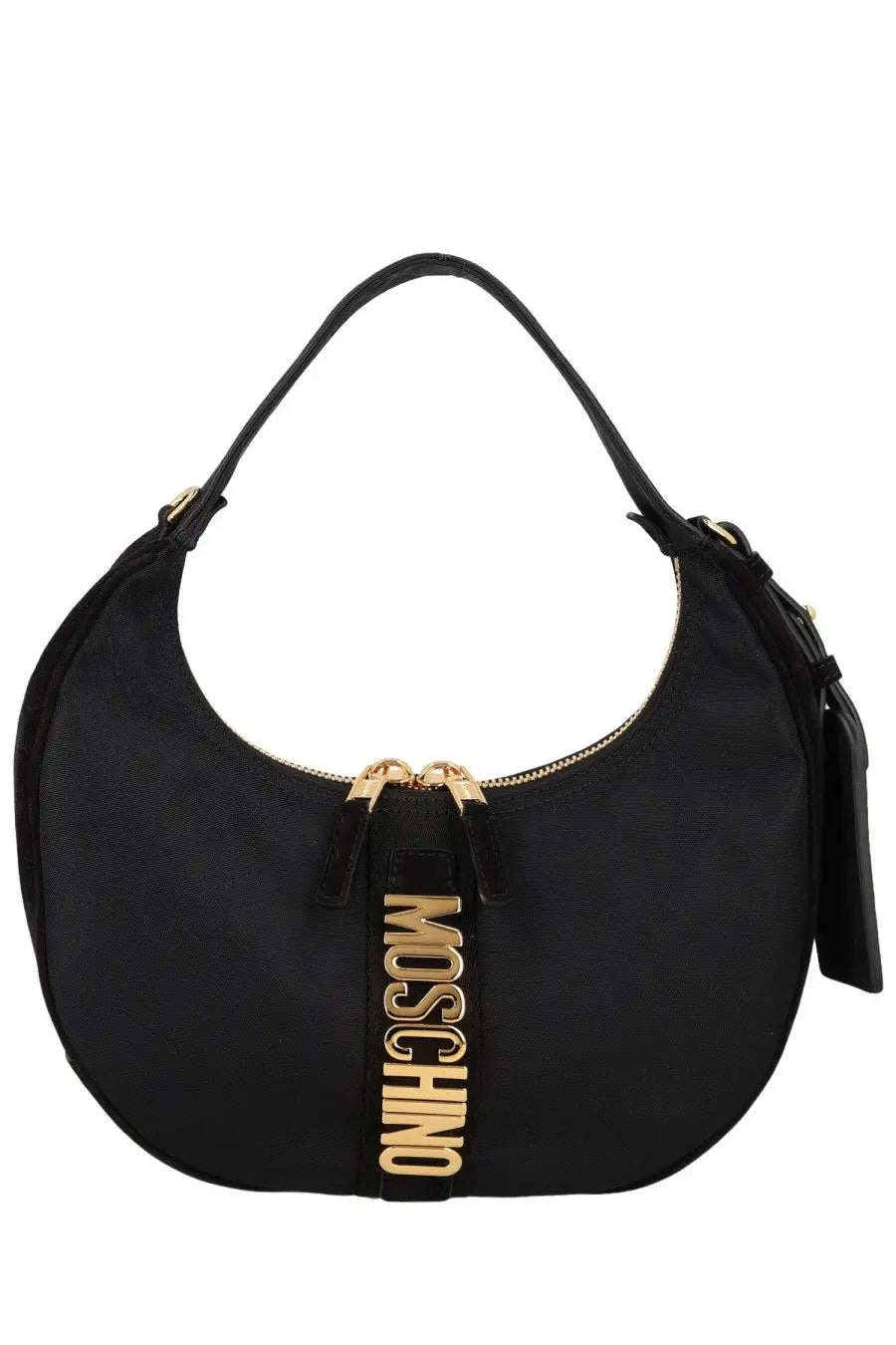 Moschino women’s borsa carry black hobo bag with gold-tone lettering and zipper hardware in leather material