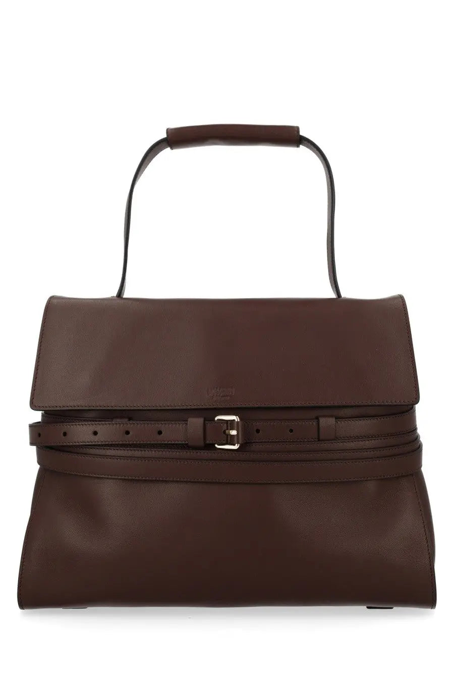 Moschino women’s borsa tie me medium brown leather satchel with top handle and belt-style buckle closure