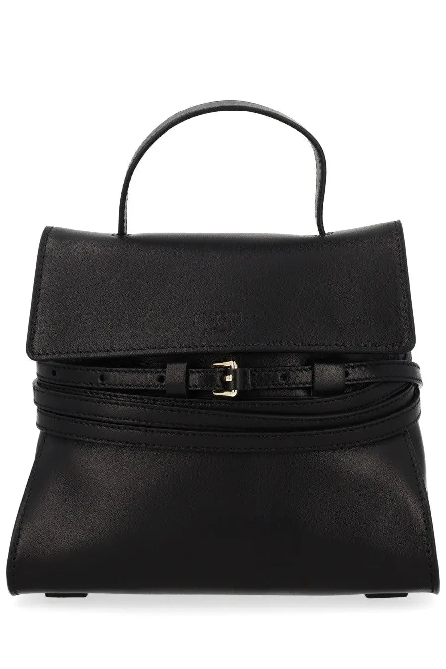 Moschino women’s borsa tie me small black leather handbag with top handle and gold tone buckle detail