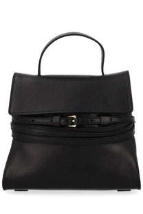 Moschino women’s borsa tie me small black leather handbag with top handle and gold tone buckle detail