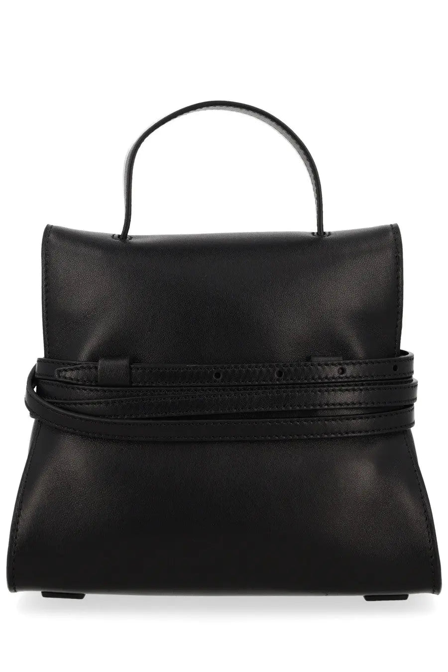 Moschino women’s borsa tie me small black leather handbag with structured rectangular shape and top handle