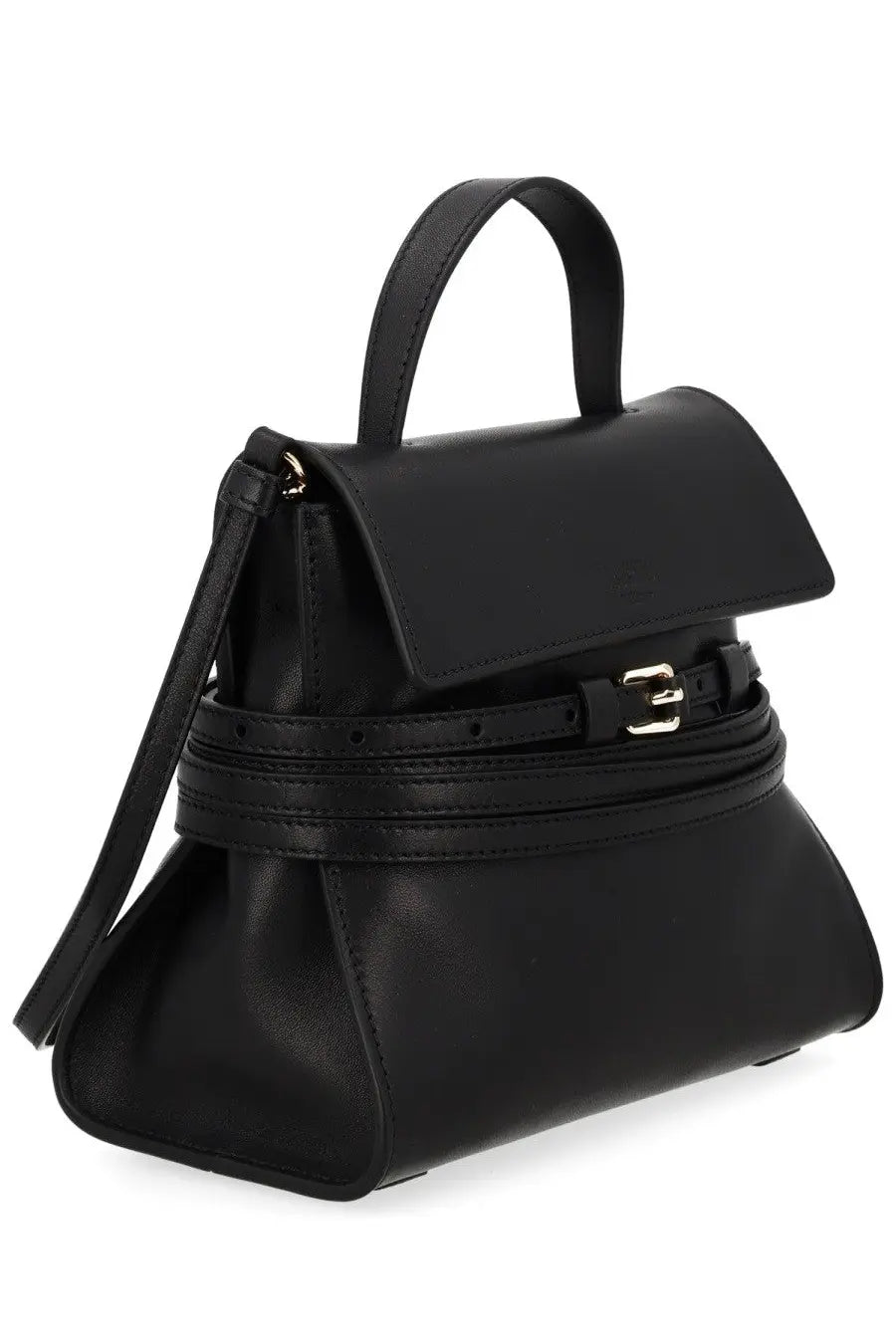 Moschino women’s borsa tie me small black leather handbag with structured flap gold-tone buckle and top handle