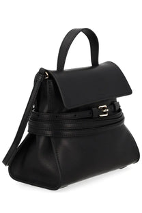 Moschino women’s borsa tie me small black leather handbag with structured flap gold-tone buckle and top handle