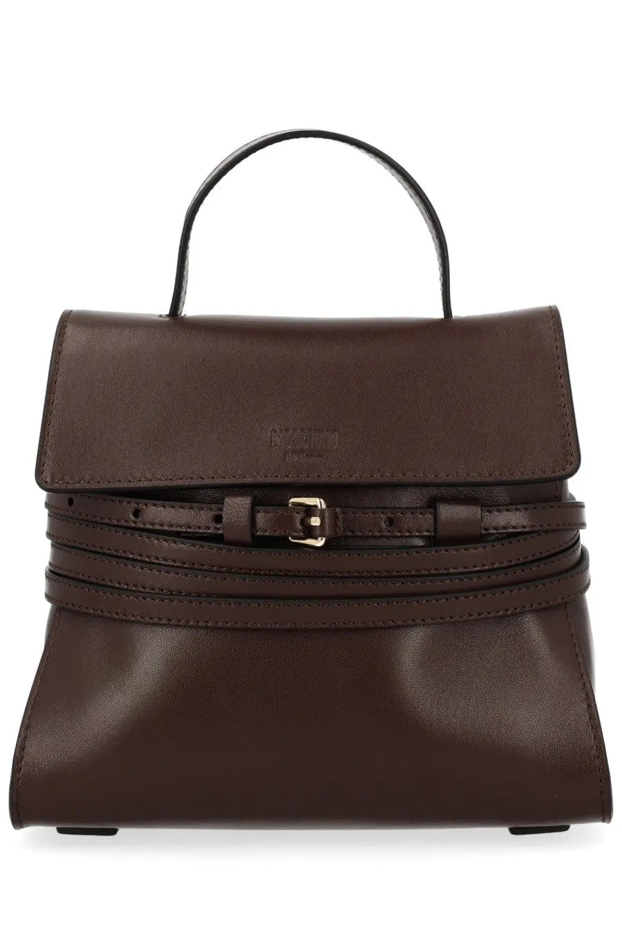 Moschino women’s borsa tie me small brown sleek dark brown leather handbag with structured design and gold-tone buckle straps