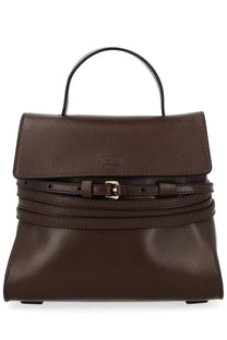Moschino women’s borsa tie me small brown sleek dark brown leather handbag with structured design and gold-tone buckle straps