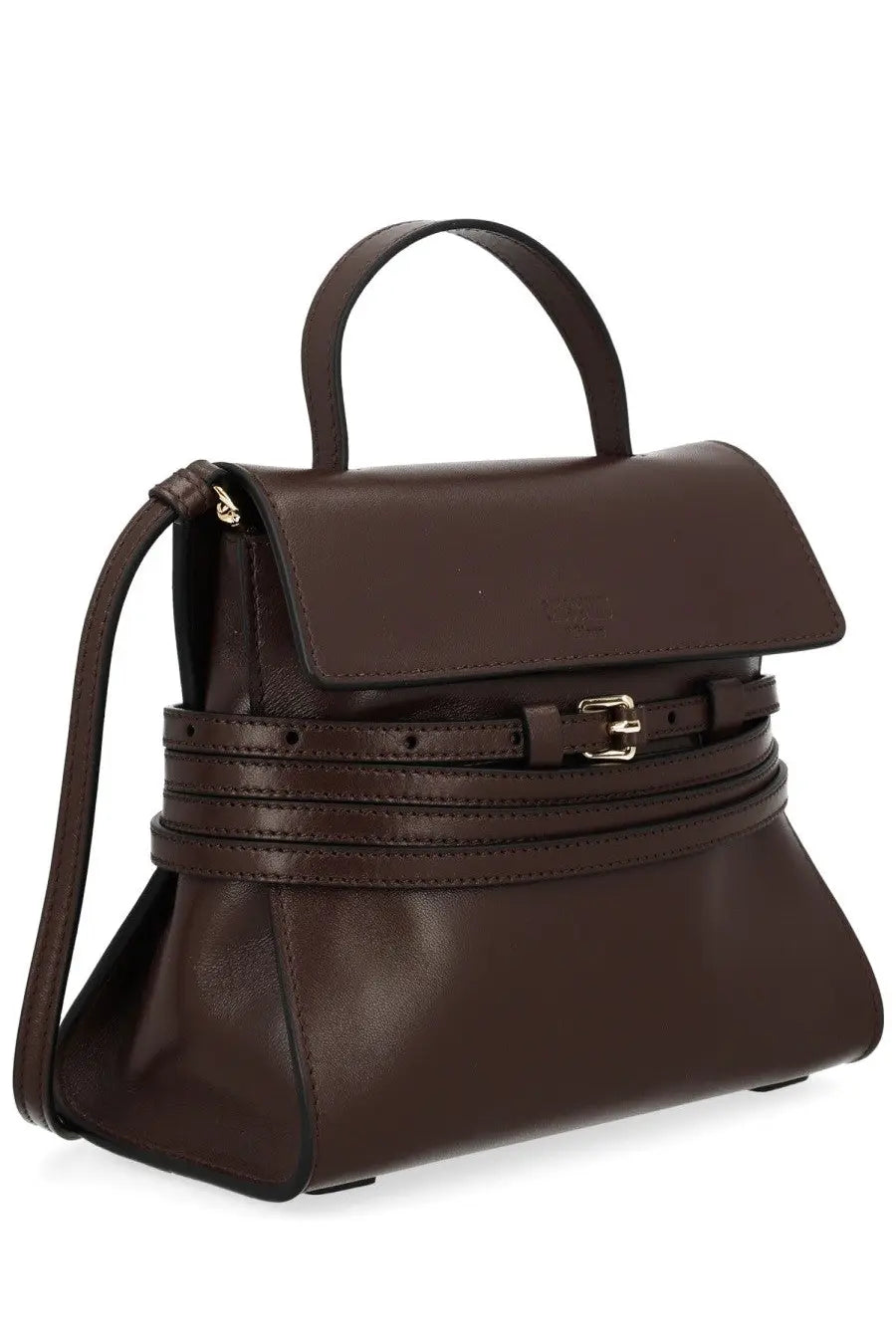 Moschino women’s borsa tie me small brown leather handbag with structured design and gold buckle accents
