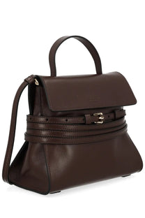 Moschino women’s borsa tie me small brown leather handbag with structured design and gold buckle accents