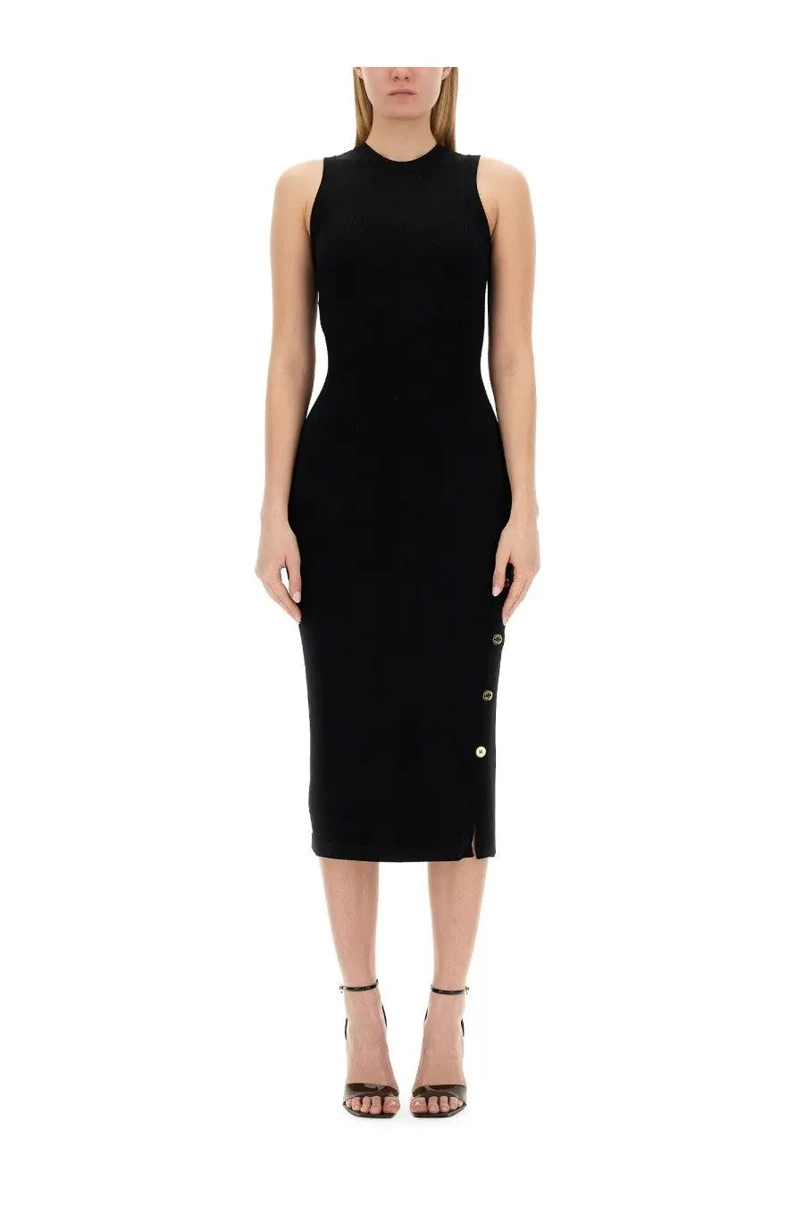Moschino women’s black sleeveless midi dress with high neckline and side button detailing in smooth fabric