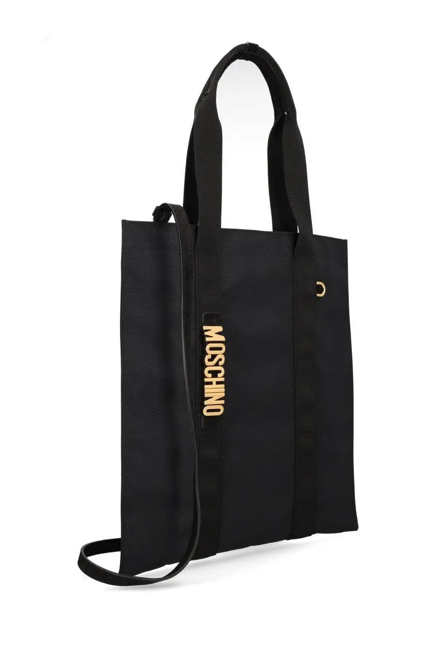 Black Moschino women’s carry me tote bag with gold-tone logo and hardware for stylish everyday use
