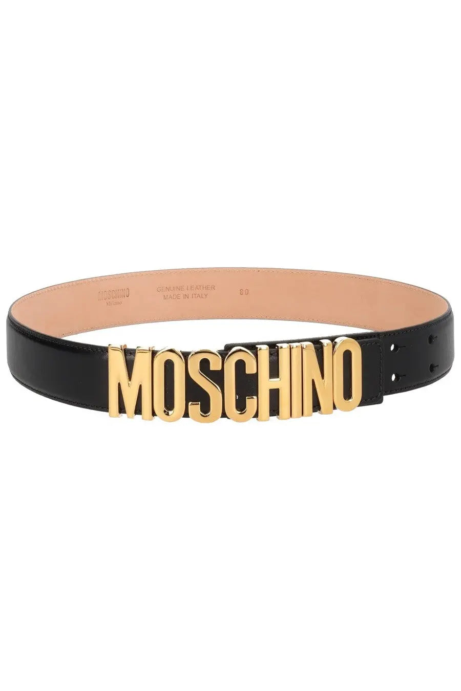 Black leather belt for women with bold gold-tone moschino logo buckle moschino cintura con black