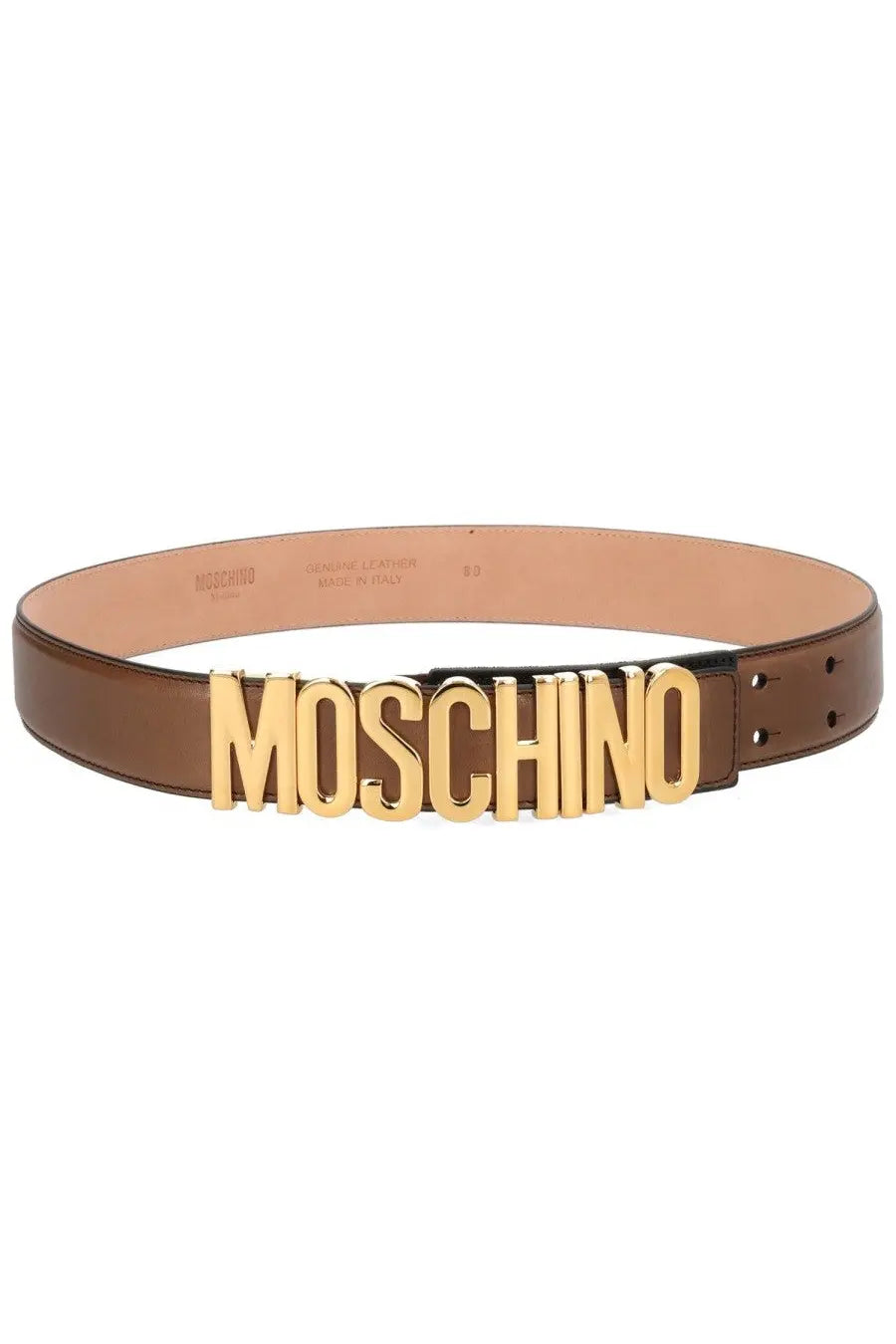 Moschino women’s brown leather belt with gold-tone moschino logo buckle for stylish waist accessory