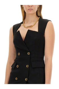 Moschino women’s black crepe sleeveless double-breasted jumpsuit with gold buttons and structured design