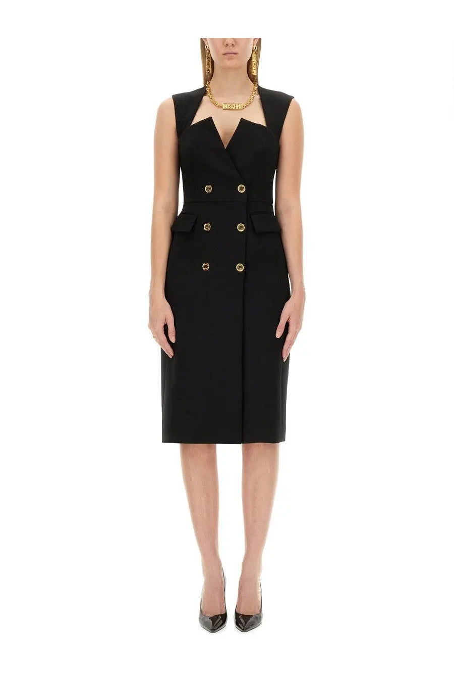 Moschino women’s black crepe sleeveless double-breasted dress with gold-tone buttons and tailored fit