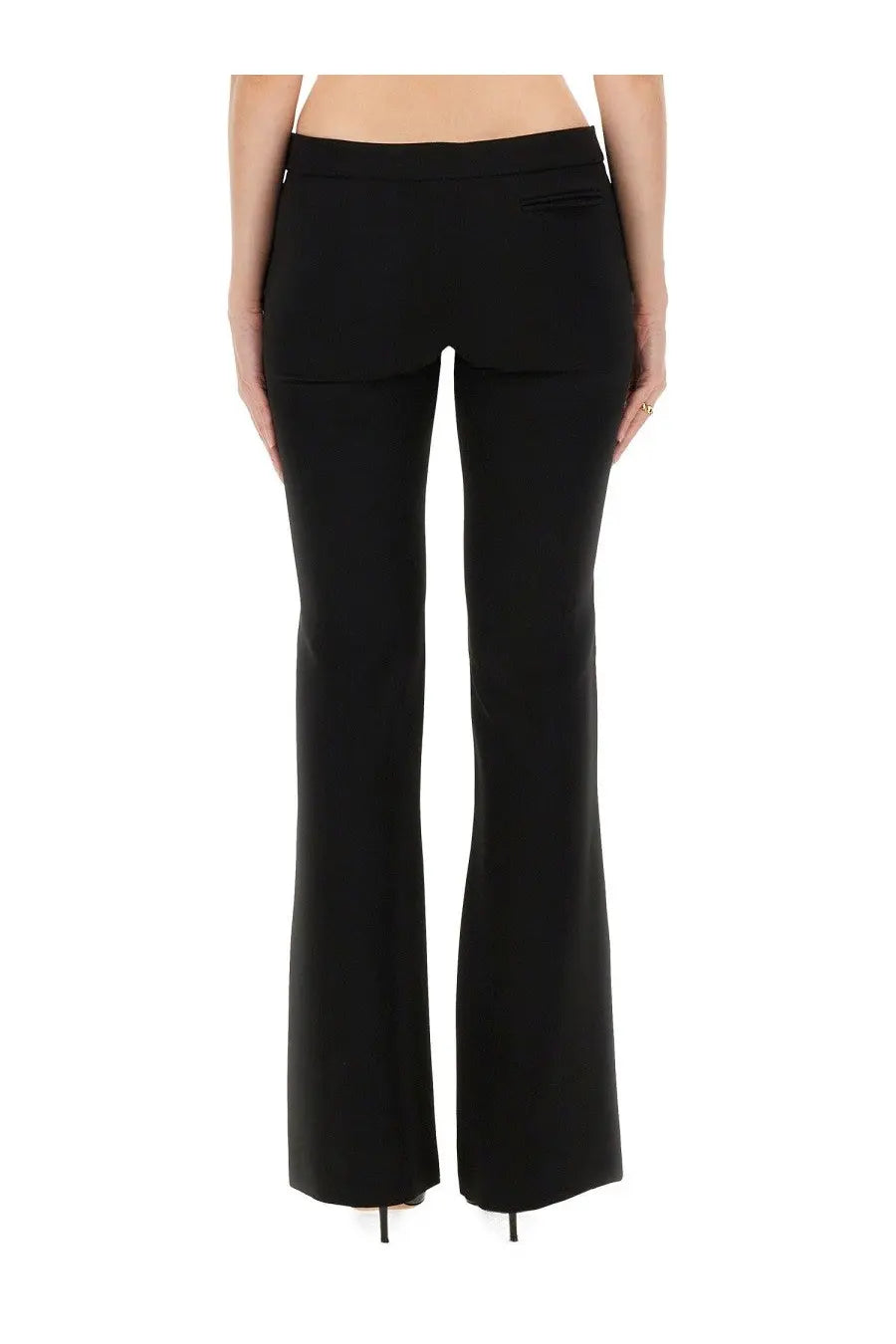 Black moschino women’s crepe pants with a sleek tailored fit and subtle back pockets shown from the back side