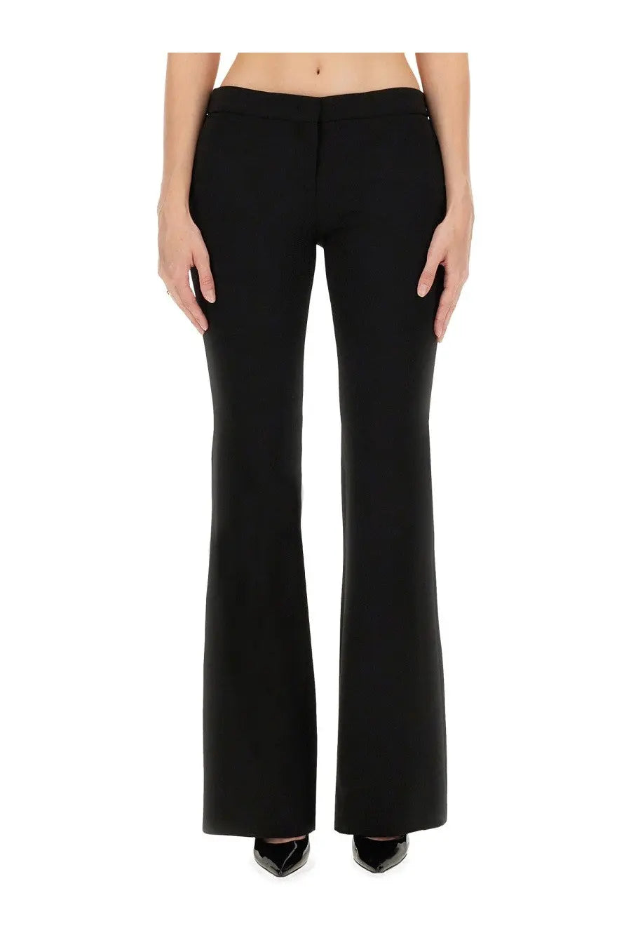 Moschino women’s black crepe pants with sleek straight-leg cut and subtle flared hems in tailored style