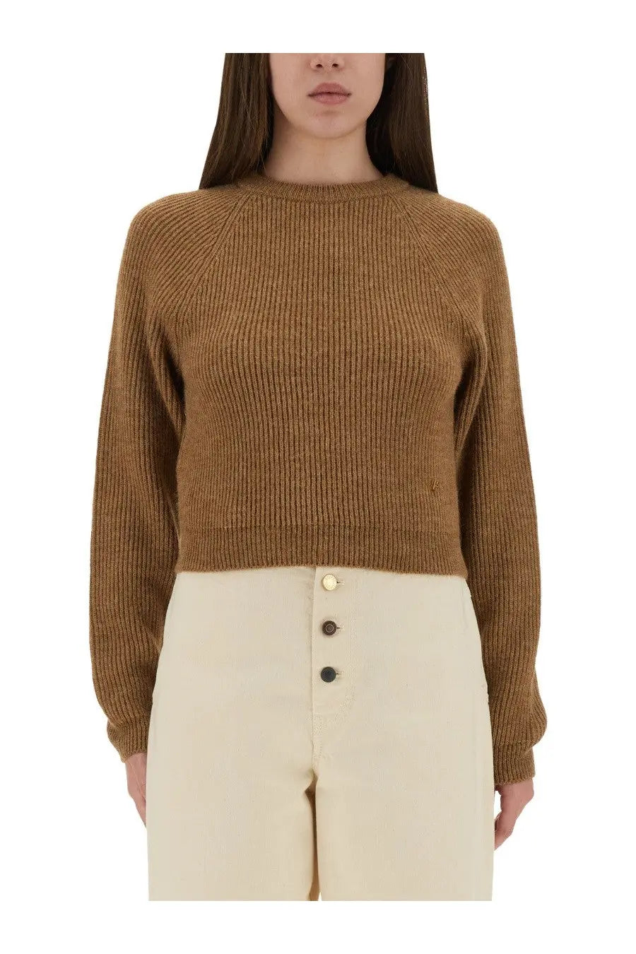 Moschino women’s camel-colored ribbed knit cropped sweater with long sleeves and fitted silhouette